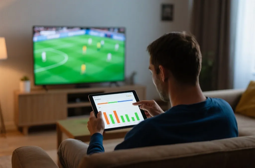 An analytical sports fan in a cozy living room analyzing soccer statistics on a tablet with a blurred soccer match playing on a TV screen in the background
