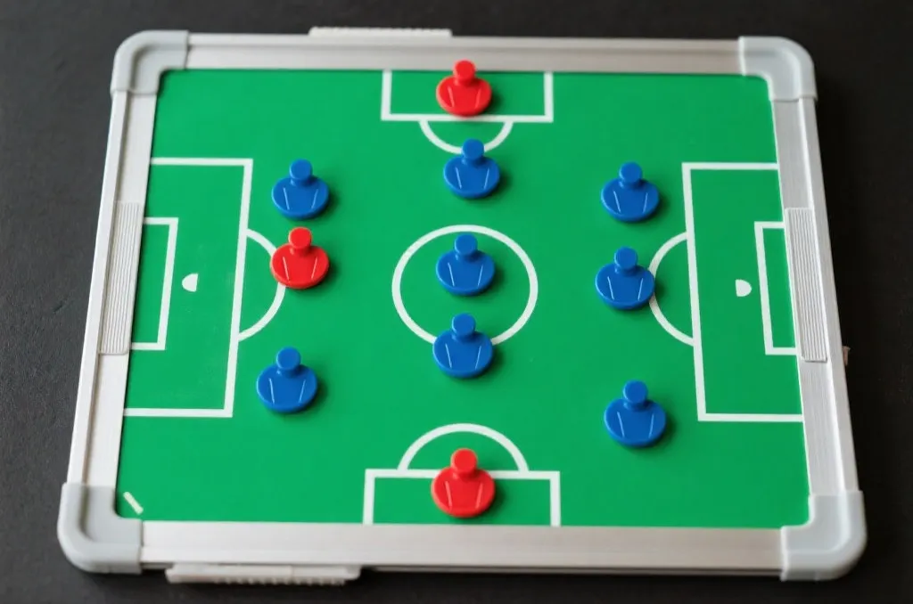 Tactical board with magnetic football players in 4-3-3 formation